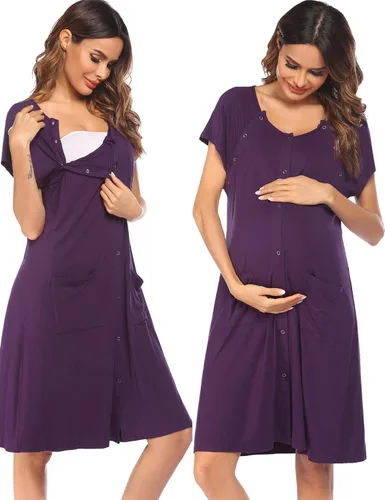 Vista 8 de Ekouaer - Vestido de maternidad 3 en 1 para trabajo de parto/hospital, camisón de lactancia, ropa de dormir para amamantar con botones S-XXL A-Negro