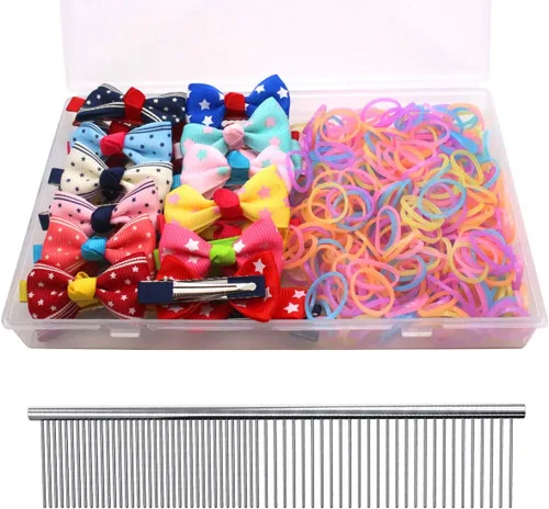 Vista 19 de YOY 20 adorables lazos para el pelo de perro con clips y 1000 bandas de goma y 1 peine de acero para peluquería, nudo superior de cachorro, moño