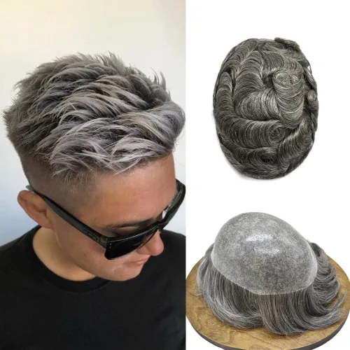 Vista 10 de Toupee para hombres Sistema de reemplazo de cabello humano PU piel fina V-looped Hair Piece Nature Hair System para hombre Toupee 6X8#1B Off Black