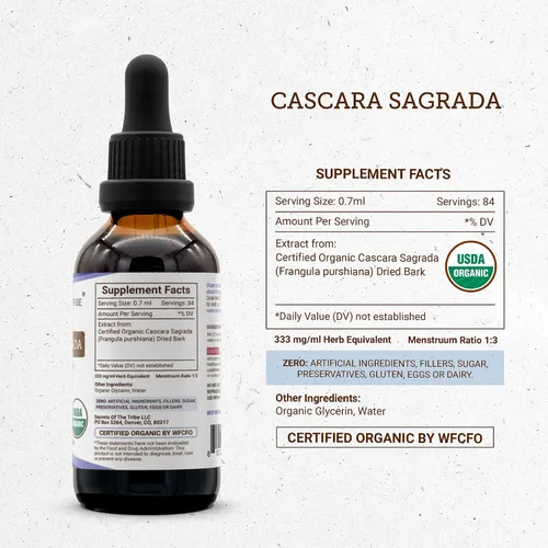 Vista 4 de Secrets of the Tribe Cascara Sagrada USDA Organic Extracto sin alcohol, gotas de hierbas de alta potencia Hecho de corteza seca de cascara