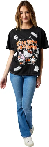 Vista 5 de Hello Kitty Halloween Spiderweb Ghosts and Bats - Camiseta para mujer en lavado mineral negro