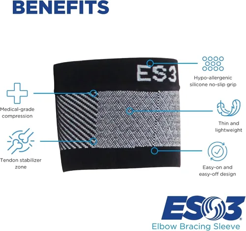 Vista 4 de OrthoSleeve Codera ES3 diseñada para prevenir y revivir el dolor asociado con codo de tenista, codo de golfista, dolor general de codo y dolor