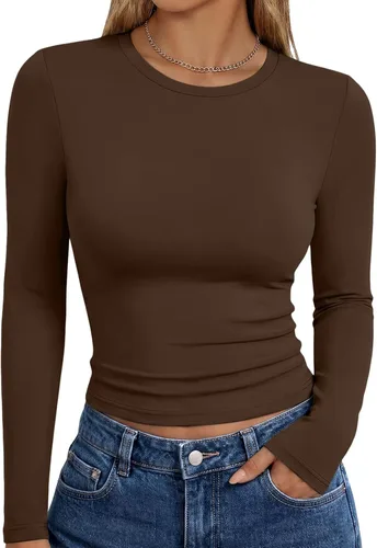 Vista 33 de Trendy Queen Camisetas de manga larga para mujer, camisetas básicas de Verde militar