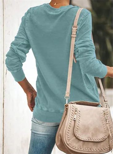 Vista 2 de SENSERISE Sudadera casual con cuello redondo para mujer, manga larga, color liso, suave, ligera, holgada
