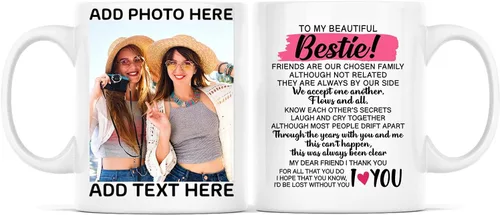 Vista 9 de Taza de café con texto en inglés "Because Of You I Laugh", regalo para mujeres, mejores amigas, mejores amigas, tazas personalizadas de amistad