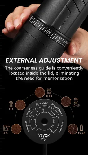 Vista 6 de Vevok Chef Molinillo de café manual O20 – 20 niveles de ajuste externo, capacidad de 1.23 oz con estuche de viaje y equipo de limpieza, molinillo