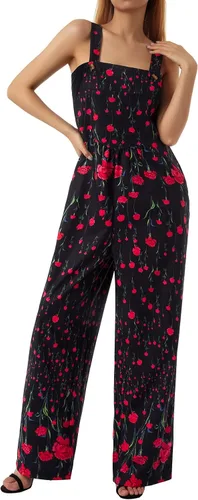 Vista 2 de EWODOS Overol con estampado floral para mujer, overol suelto con peto, pantalones holgados casuales, pantalones bohemios de pierna ancha