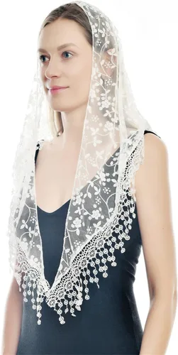 Vista 2 de Malixeyunna Triángulo Mantilla velo de encaje bufanda de tul que cubre el velo de la iglesia para las damas de honor de la boda de la misa