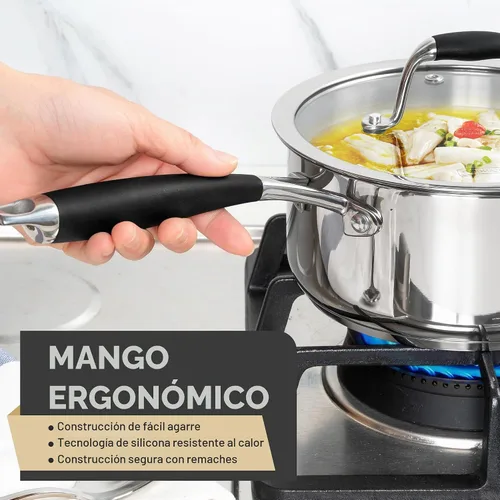 Vista 4 de MICHELANGELO Triply - Cacerola de acero inoxidable con tapa, 6 piezas, sartén de acero inoxidable con mango de baquelita, juego de cacerolas