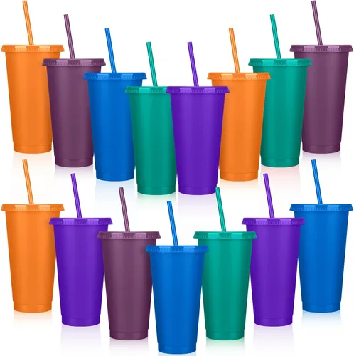 Vista 14 de Bokon 60 Juegos de Vasos con Popote y Tapa al Por Mayor, Vasos de Plástico Reutilizables de 24 oz con Tapas y Pajillas, Botella de Agua, Taza
