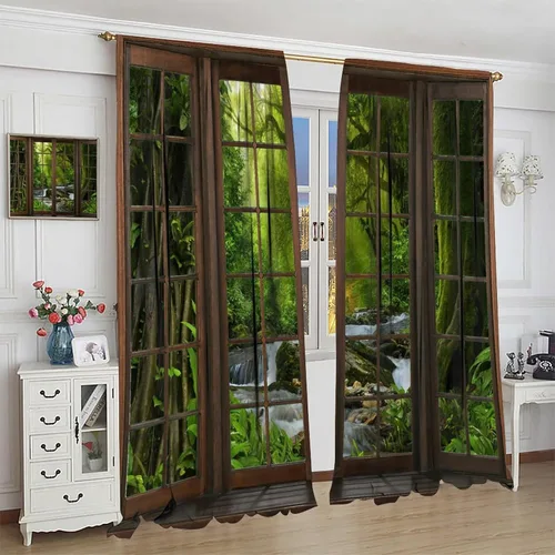 Vista 13 de Cortinas de paisaje, ventana 3D, primavera, bosque, vida silvestre, paisajes de naturaleza, dormitorio, sala de estar, cortinas térmicas opacas de 2