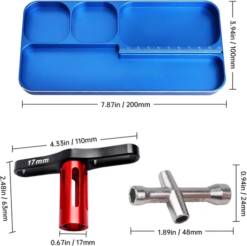 Vista 2 de Bandeja de tornillos RC de aluminio y llave de rueda de 0.669 in y llave hexagonal cruzada pequeña, juego de herramientas de reparación RC para 1/24