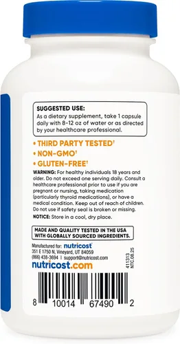 Vista 4 de Nutricost Yodo, yodo natural de algas marinas orgánicas, 325mcg, 120 cápsulas Sin gluten, vegetariano, sin OMG