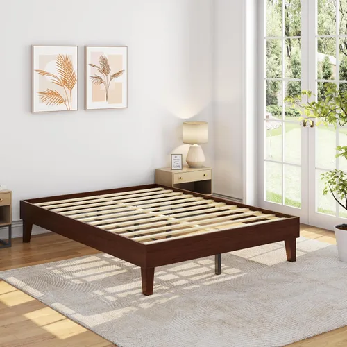 Vista 12 de Yaheetech Base de cama matrimonial con plataforma de madera maciza natural con soporte de listones de madera, espacio debajo de la cama de 12 Madera