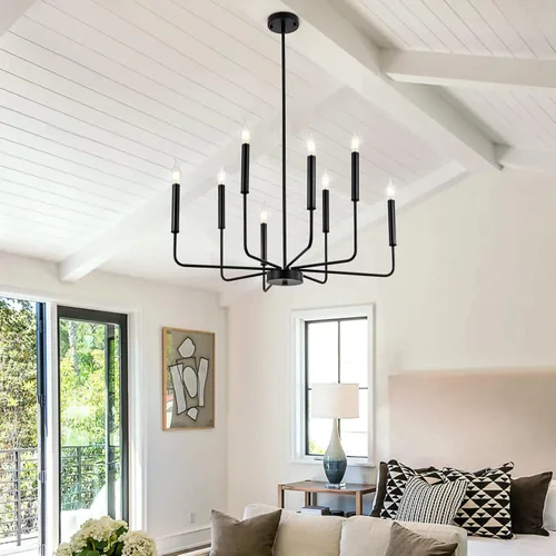 Vista 3 de WOKNOS Candelabros modernos negros de granja, 8 luces industriales de metal, lámparas colgantes clásicas para cocina, dormitorio, comedor, sala