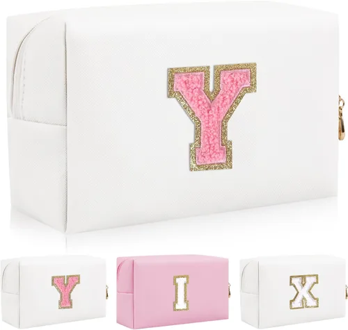 Vista 42 de Bolsa de maquillaje con parche de letra inicial personalizada, bolsa de cosméticos de chenilla preppy con letra de chenilla con cremallera, Y