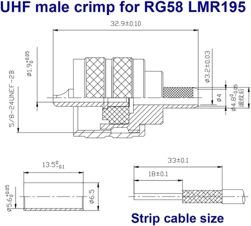 Vista 4 de Paquete de 5 conectores de crimpado macho UHF PL-259 PL259 para RG58/U LMR195 (UHF macho crimpado RG58)