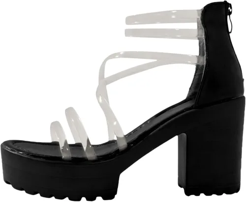Vista 6 de AIHOU Sandalias para mujer, transparentes, con tiras gruesas, de tacón alto, casual, con cremallera, correa al tobillo, playa, sexy, para mujer