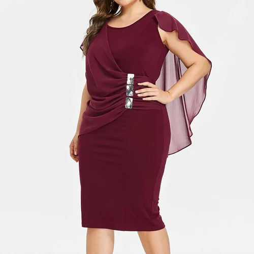 Vista 3 de SERYU Vestido ajustado de gasa con volantes para mujer, talla grande, con mangas de capa, favorecedor