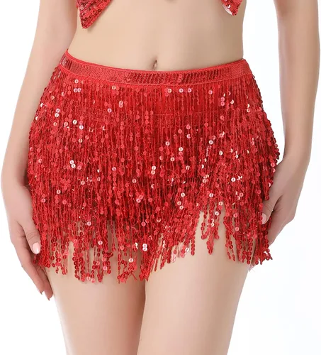 Vista 2 de DOOVID Falda de danza del vientre, falda bohemia con borlas y lentejuelas para mujer, faldas brillantes para fiesta de Halloween