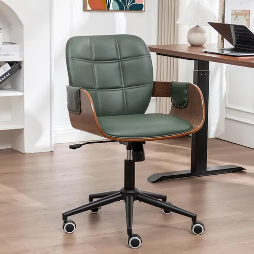 Vista 9 de Silla de escritorio de oficina en casa con ruedas giratorias, artesanía de nogal, respaldo y brazos curvos ergonómicos, piel sintética, altura