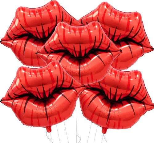 Vista 10 de Paquete de 10 globos grandes de labios rojos y rosados, globos de corazón para decoración de fiestas temáticas de maquillaje, aniversario, Kiss the