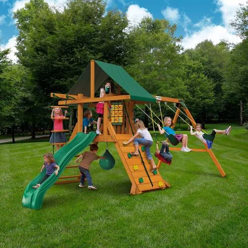 Vista 2 de Gorilla Playsets 01-1059-AP Juego de columpios de madera de punto alto con toldo de vinilo verde, dos columpios, pared de escalada en roca, tobogán
