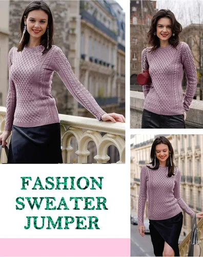 Vista 4 de v28 - Suéter elástico de punto trenzado con cuello redondo y manga larga para mujer