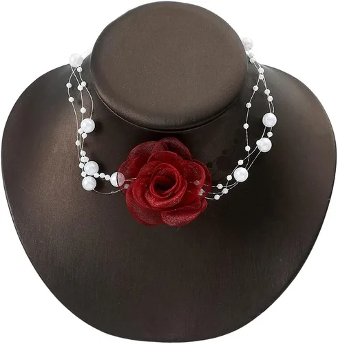 Vista 7 de Gargantilla de flor de rosa de camelia, collar de perlas artificiales vintage para mujer, accesorios elegantes para el cuello, collares de fiesta