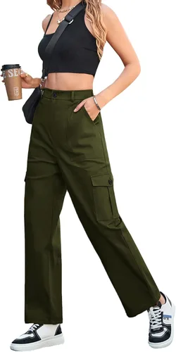 Vista 2 de Ailsi Pantalones tácticos de cintura alta para mujer, estilo casual, estilo cargo, holgados, con bolsillos