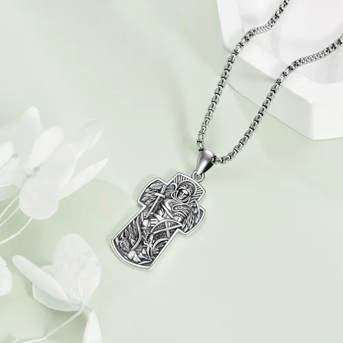 Vista 4 de YAFEINI Collar de plata de ley S925 de San MiguelSan CristóbalSan BenitoSan Jesús Medalla Cruz Collar para hombres y mujeres Arcángel RagüelUriel