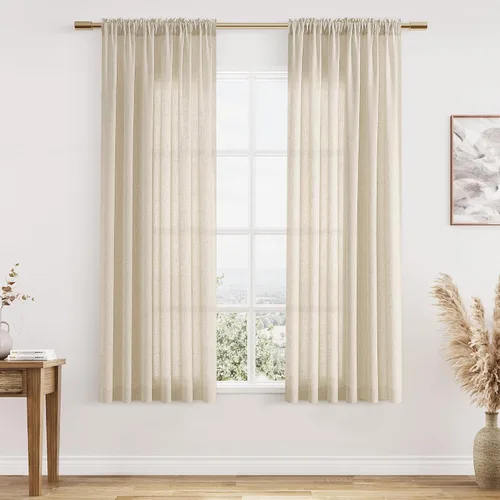 Vista 56 de Cortinas de lino verde aguamarina de 84 pulgadas de largo, juego de 2 paneles semitransparentes con bolsillo para barra para comedor, decoración