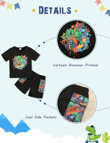 Vista 5 de SAPGEJJDJFGE Toddler Boy Clothes Outfits Kids Dinosaur Printed Short Sleeve T-shirt Top + Shorts Boys Clothing Set 2pcs