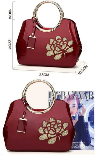 Vista 5 de Bolso para mujer, bolso de cuero de patente, bolso elegante de la manija superior del bolso del bordado de la flor