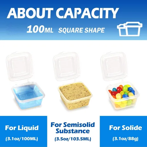 Vista 4 de Recipientes de plástico de 3.4 fl oz con tapas (paquete de 200), recipientes de condimentos con tapas, tazas de porciones, tazas de salsa de soufflé