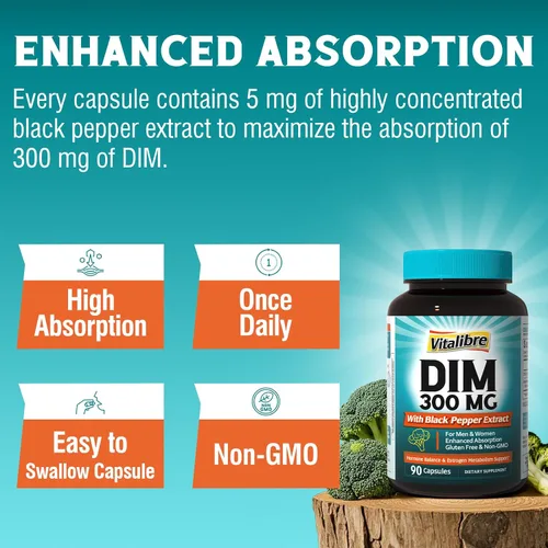 Vista 5 de Vitalibre Suplemento DIM para mujeres y hombres, metabolismo de estrógeno, equilibrio hormonal y apoyo a la menopausia, DIM 300 mg con extracto