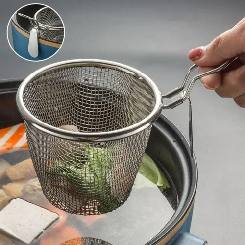 Vista 5 de Vctitil Cesta para freír de acero inoxidable, malla de alambre fino, colador de alimentos, pequeña sartén caliente, filtro de tamiz para albóndigas
