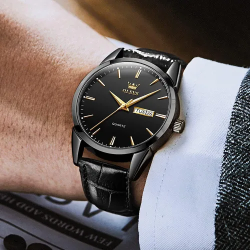 Vista 8 de OLEVS Reloj para hombres cronógrafo marrón cuero oro caso analógico cuarzo moda negocios vestido grande hombres reloj día fecha luminoso impermeable