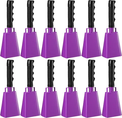 Vista 11 de Pelopy 12 campanas de vaca grandes de 9 pulgadas con mango para eventos deportivos, cencerros de percusión de mano, campanas de campana de animación