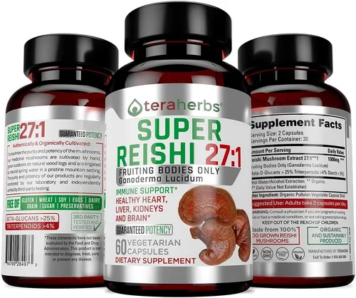 Vista 2 de Extracto orgánico de hongos Reishi por Tera Herbs - 60 cápsulas vegetarianas - Ganoderma Lucidum/Ling Zhi