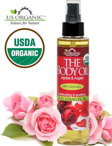 Vista 3 de US Organic Aceite corporal romántica sexy de rosa búlgara, aceite de jojoba y argán con vitamina E, orgánico certificado por USDA, sin alcohol