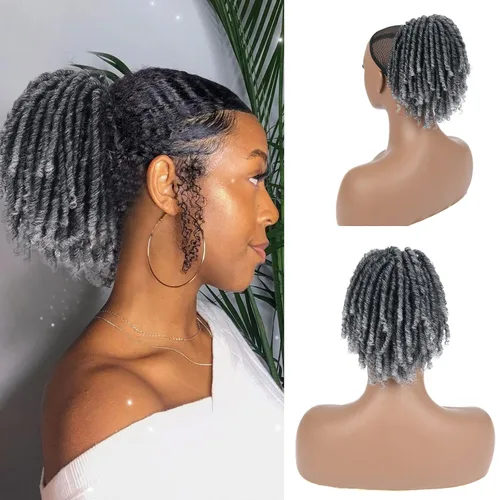 Vista 9 de Extensiones de cola de caballo de rastas para mujer, cola de caballo con cordón negro con extremos rizados, rastas sintéticas de diosa, extensiones