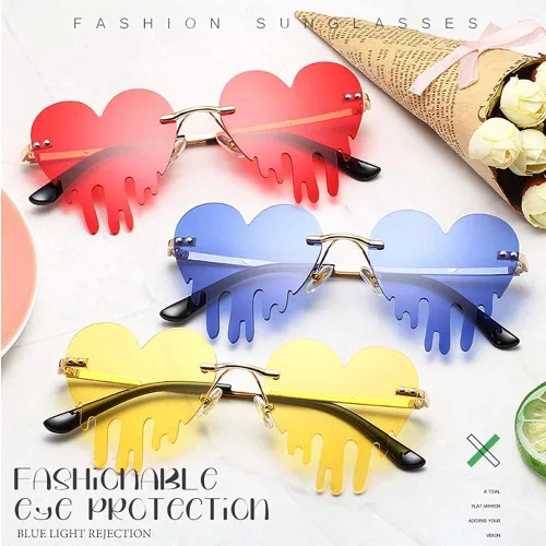 Vista 6 de LASPOR Gafas de sol de corazón derretidor para mujeres y hombres, sin llantas, gafas de fiesta de goteo, de metal dorado, sin marco, gafas de lágrima