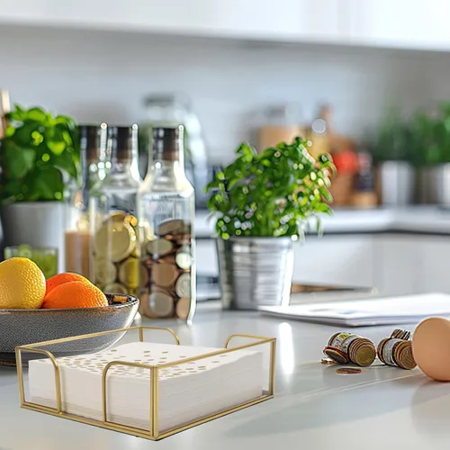 Vista 6 de Servilletero para mesa, servilleteros de vidrio para cocina, servilleteros planos para servilletas de papel, elegante servilletero dorado adecuado