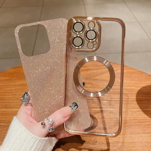 Vista 3 de aowner Funda magnética para iPhone 14 Pro Max con purpurina, chapado de lujo, bonito brillante con protector de lente de cámara, compatible