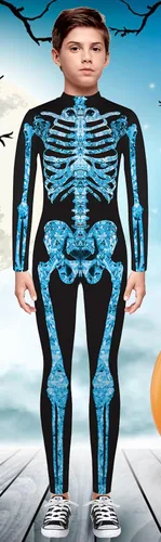 Vista 3 de TCHH - Disfraz de esqueleto de Halloween para niños y niñas, estampado 3D, talla 7 a 14 años