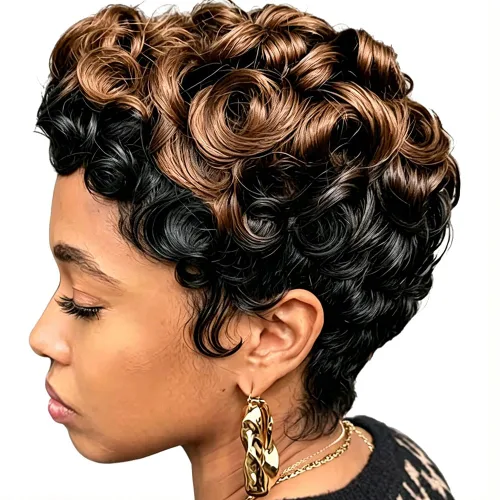 Vista 7 de DOcute Pelucas cortas de corte Pixie para mujeres negras, peluca Pixie negra y marrón, pelucas cortas rizadas con flequillo, peluca corta