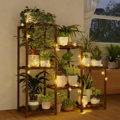 Vista 17 de Bamworld - Soporte esquinero para plantas de interior y exterior, mesa pequeña para varias plantas, estante de madera para jardín, patio, césped