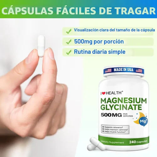 Vista 8 de Glicinato de magnesio 500 mg por cápsula – 240 cápsulas – Suplemento de magnesio de alta absorción para relajación, calma y apoyo muscular – Suave