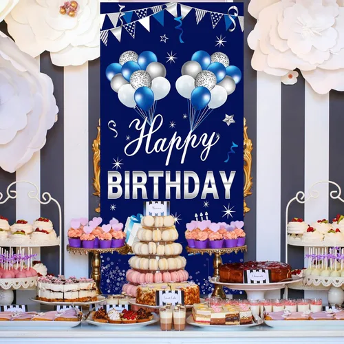 Vista 3 de Turypaty Cartel de feliz cumpleaños azul plateado para puerta para hombres y niños, suministros de fiesta de cumpleaños 16, 21, 30, 40, 50, 60